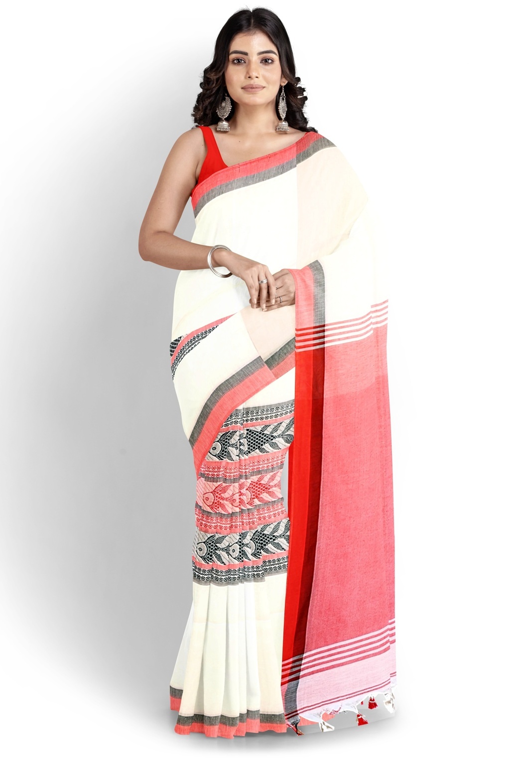 White Red Pure Cotton Marine Hand Loom Saree (1277)